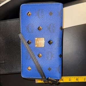 MCM Blue Wristlet Wallet with Gold and Black Stud Accents